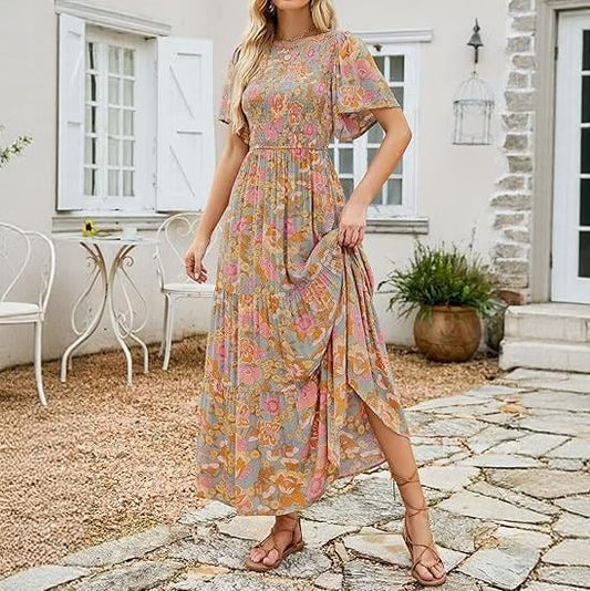 👗 50% RABATT NU! 🌸 Women's Casual Floral Print Maxi Dress – Flutter ärmar, Smockad Hög Midja & Flödande Kjol i lager ✨