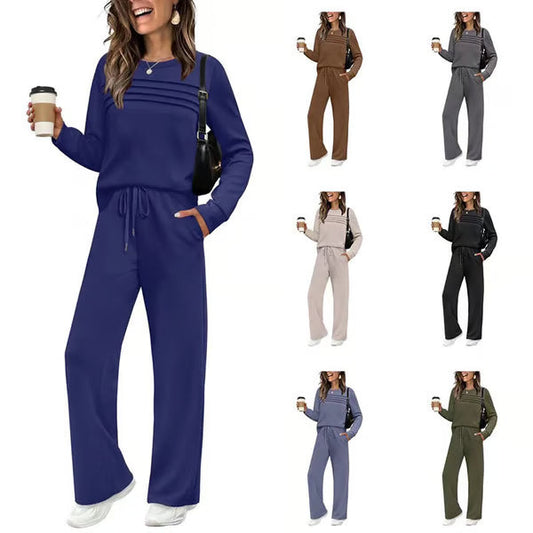 ⏳Begränsad tid 50 % rabatt⏰Damtröja med rund hals och byxor med dragsko👚👖