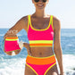 🔥🎁Nyhet 50 % RABATT🔥🌼 Färgblockerad Sportig 3-delars Bikiniset i Nylon – Högmidja med Magekontroll 👙