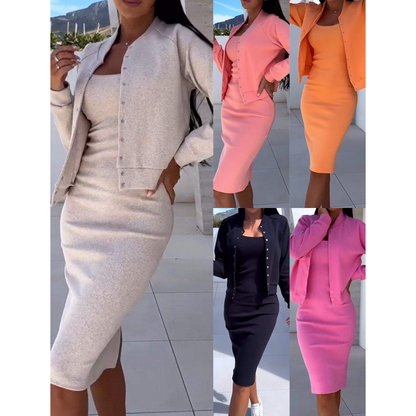 👗 50% RABATT! 🌟 Tvådelat Set: Klänning & Jacka med Spaghettitågar – Elegant Design, Mångsidig & Perfekt för Festliga Tillfällen 💃