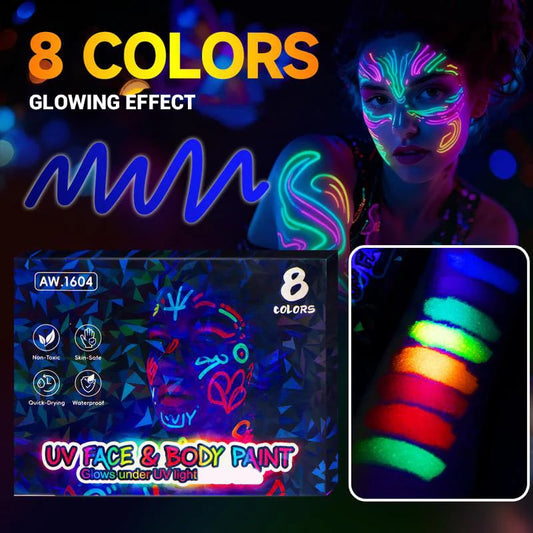 🎨✨Set med UV-lysande Målningspennor – För Ansikte och Kropp, Vattentåliga & 10+ Färger 🌟🧒