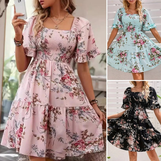 🌸Elegant damklänning med fyrkantig halsringning och blommönster🌸