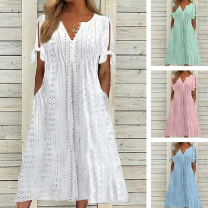 👗 50 % RABATT NU! 🌸Elegant V-ringad klänning med urtagning för kvinnor