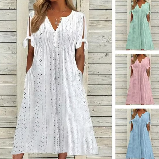 👗 50 % RABATT NU! 🌸Elegant V-ringad klänning med urtagning för kvinnor