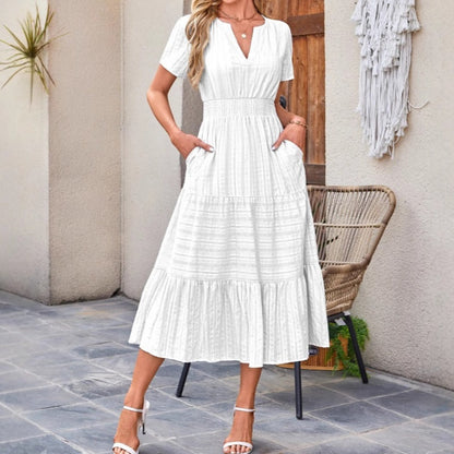 🎁Köp 2 och få fri frakt🔥👗Kortärmade V-neckade långklänningar för kvinnor med kort ärm