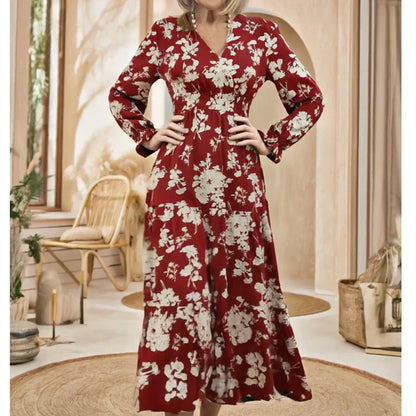🌸Maxiklänning med V-ringning och midja, blommig charm i full blom, långa ärmar som elegant kompletterar din stil!👗