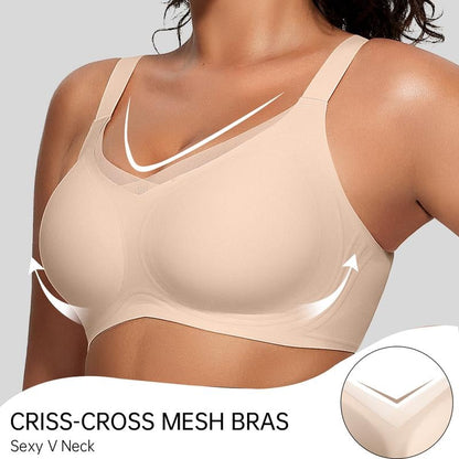 Kvinnors trådlösa V-ringad mesh sömlös push-up-bh