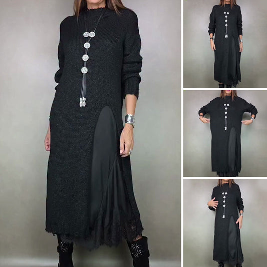 Lång stickad kofta för damer i kombination med spetslinne: Snyggt tvådelat set