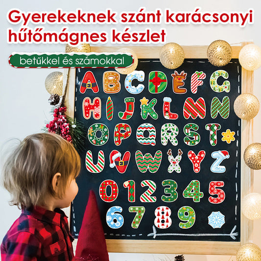 Gyerekeknek szánt karácsonyi hűtőmágnes készlet betűkkel és számokkal