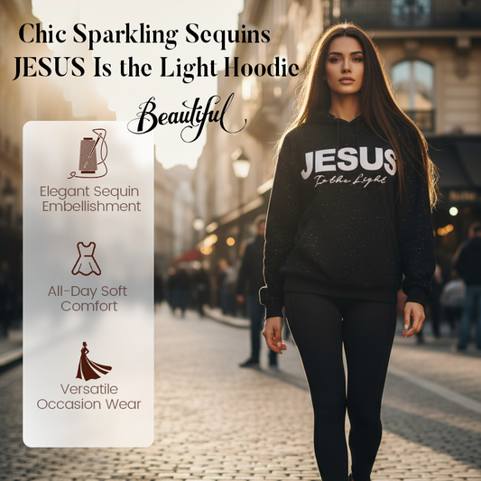 Trendig hoodie med glittrande paljetter och “JESUS is the Light“