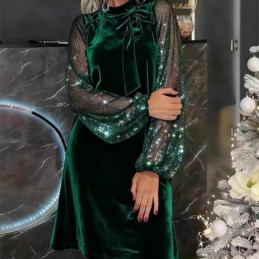 ⏳Begränsad tid 49 % Rabatt⏰Damklänning med Glitter och Fluga vid Halsen✨👗