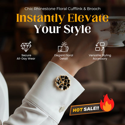 🌸Elegant manschettknapp och brosch med strass och blommönster🌸