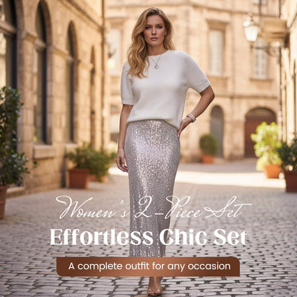 ✨👚 Tvådelat set med stickad topp och paljettkjol för damer💕