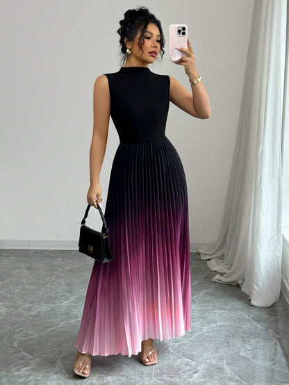 ❤️Ombre plisserad ärmlös maxiklänning med hög hals