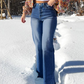 Kvinnors högmidjade elastiska raka jeans