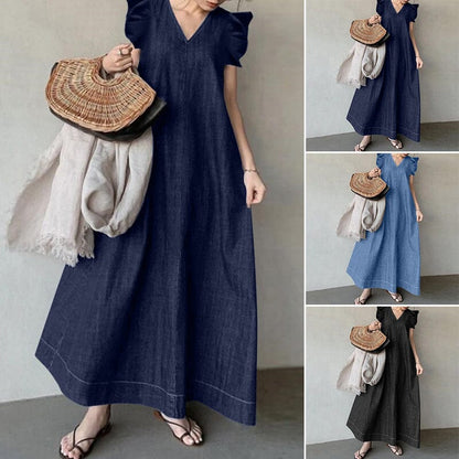 👗 50% RABATT! ✨ Lång jeansklänning med V-ringning – avslappnad passform, bekväm och perfekt för vardagsbruk 🌸