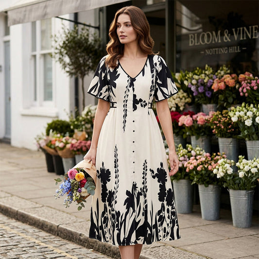 👗 50% RABATT NU! 🌿 Mjuk klänning i botaniskt mönster med V-ringning och medellång kjol – Elegant, lätt och mångsidig för alla tillfällen 🌸