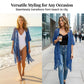 👗🌿 50 % RABATT! Stickad damkofta med knäppning fram – i luftigt, genombrutet stickat tyg med fransar i nederkanten. Figursydd modell med vackert fall. Passar perfekt till badkläder eller jeans.🌊✨