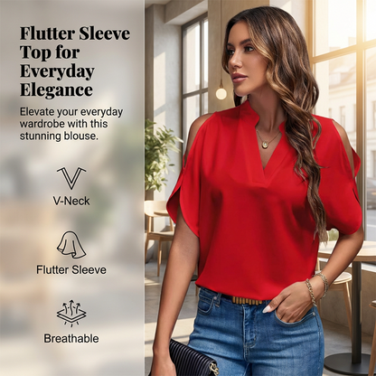 ☀️👗Damtröja med V-ringning, utskurna axlar och fladdrande ärmar👕