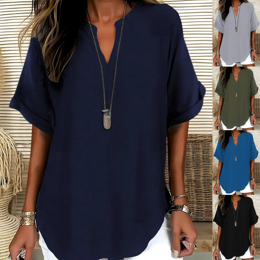 Lös kortärmad topp – V-ringning & asymmetrisk fåll i mjukt material 👕✨