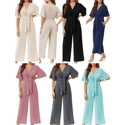 Elegant jumpsuit för dam med V-ringning, vida ben och knytning i midjan