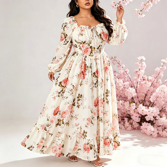 🌺 BEGRÄNSAD TID 50% RABATT! 👗 Blommig Fyrkantig Hals Maxiklänning – Långa Puffärmar, Hög Midja, Vintage Print 🦋