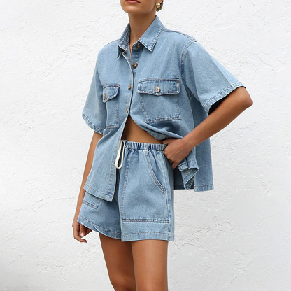 👕 BEGRÄNSAD TID 50% RABATT! ✨ Denim Skjorta & Shorts Set – Avslappnad Passform, Dragsnoddsmidjа, 2-Delat 🧵