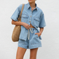 👕 BEGRÄNSAD TID 50% RABATT! ✨ Denim Skjorta & Shorts Set – Avslappnad Passform, Dragsnoddsmidjа, 2-Delat 🧵