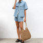 👕 BEGRÄNSAD TID 50% RABATT! ✨ Denim Skjorta & Shorts Set – Avslappnad Passform, Dragsnoddsmidjа, 2-Delat 🧵