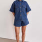 👕 BEGRÄNSAD TID 50% RABATT! ✨ Denim Skjorta & Shorts Set – Avslappnad Passform, Dragsnoddsmidjа, 2-Delat 🧵
