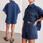 👕 BEGRÄNSAD TID 50% RABATT! ✨ Denim Skjorta & Shorts Set – Avslappnad Passform, Dragsnoddsmidjа, 2-Delat 🧵