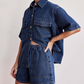 👕 BEGRÄNSAD TID 50% RABATT! ✨ Denim Skjorta & Shorts Set – Avslappnad Passform, Dragsnoddsmidjа, 2-Delat 🧵