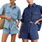👕 BEGRÄNSAD TID 50% RABATT! ✨ Denim Skjorta & Shorts Set – Avslappnad Passform, Dragsnoddsmidjа, 2-Delat 🧵