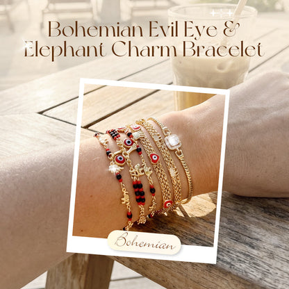Bohemiskt Onda Ögat Armband – Elefant & Hamsa-berlockare, Guldfärgat, Justerbart ✨
