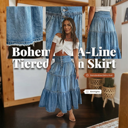 Dam Högmidjad Skiktad A-linje Denim Maxikjol