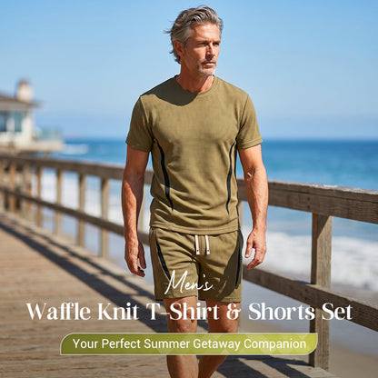 Herr Waffelstickat Set – Kortärmad T-shirt & Shorts, Andningsbart Tyg, Ledig Passform 👕🩳