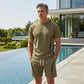 Herr Waffelstickat Set – Kortärmad T-shirt & Shorts, Andningsbart Tyg, Ledig Passform 👕🩳