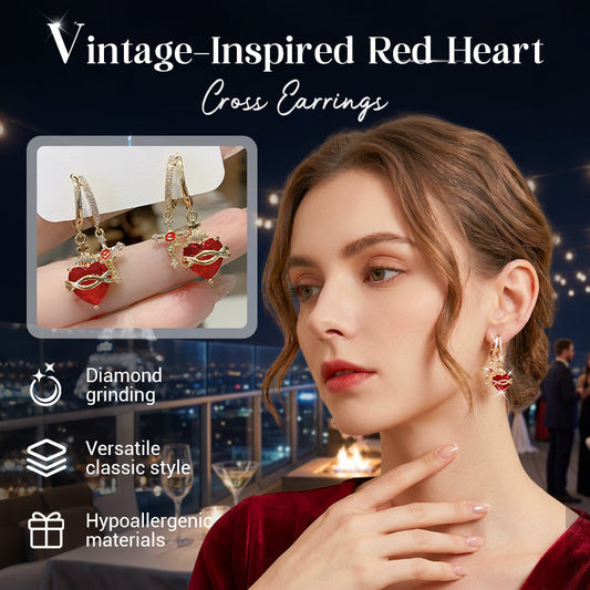 💍 BEGRÄNSAD TID 50% RABATT! ✨ Röda Hjärta & Korsörhängen – Vintageinspirerade, Delikata, Symboliska ✝️