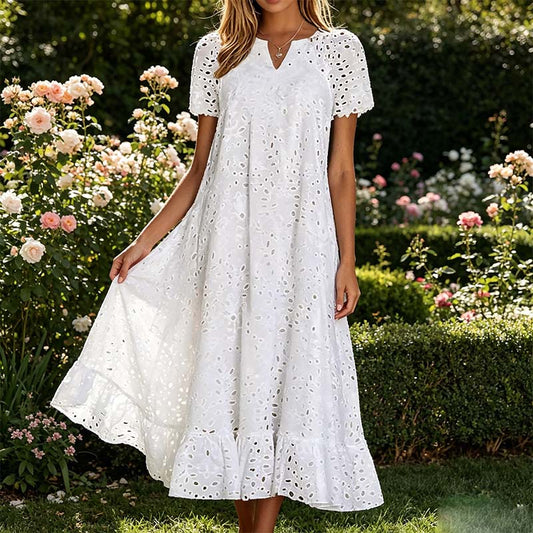 ✨ Elegant V-ringad klänning med kort ärm – luftig komfort & tidlös stil för sommaren 🌿
