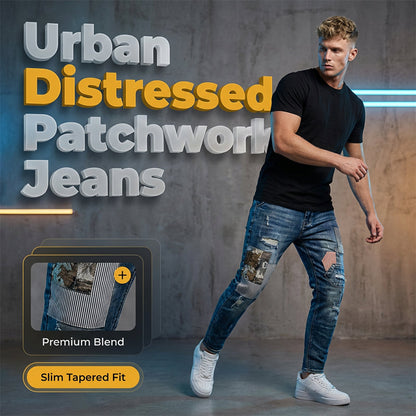 👖 50% RABATT NU! 🔥 Herr Patchwork Slitna Jeans – Robust, casual & unikt slitet utseende – Avslappnad passform, andningsbart denim – perfekt för streetwear eller vardagsstil ✨