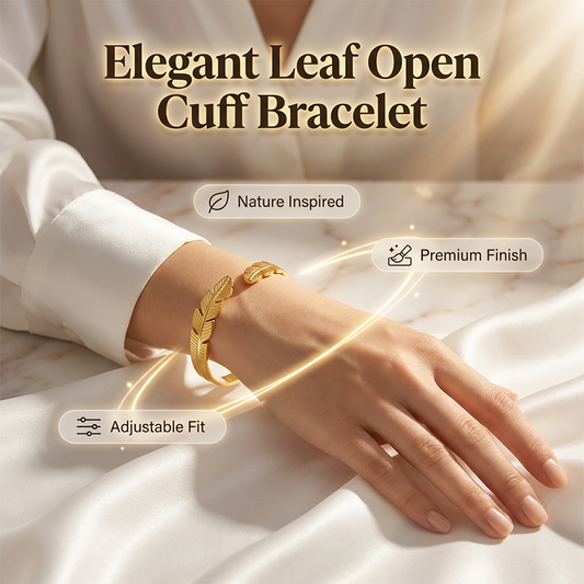 🍃 50% RABATT NU! ✨ Pläterat Löv Öppet Manschettarmband – Justerbart Rostfritt Stål, 18K Guld/Silver – Naturinspirerat, Perfekt för Daglig Elegans eller Present 💛