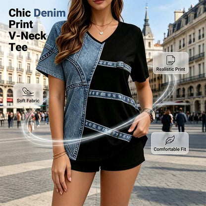 👕 Denim Print V-ringad T-shirt – Mjuk, Snygg, Enkel Stil 🌀
