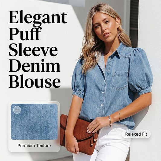 👚 TIDSBEGRÄNSAD 50% RABATT! ✨ Damblus med Puffärmar i Denim – Knappar, Kavajkrage, Lättvikt 🌟