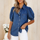 👚 LIMITED-TIME 50% OFF! ✨ Women's Puff Sleeve Denim Blouse – Button-Down, Lapel Collar, Lightweight 🌟