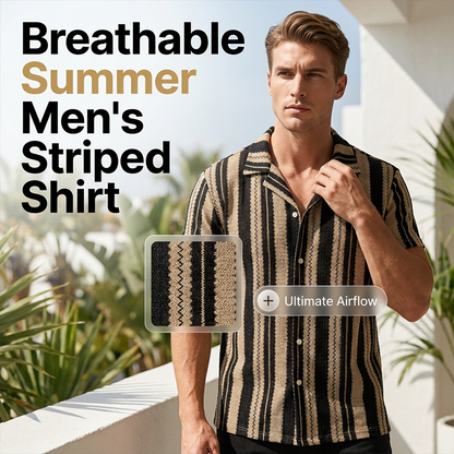 👔 LIMITED-TIME 50% OFF! 💥 Men's Breathable Vertical Stripe Short Sleeve – Wavy Texture, Cuban Collar, Relaxed Fit ✨