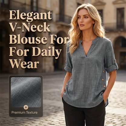 👚 50% RABATT! ✨ Avslappnad V-ringad blus med uppvikta ärmar & sidoslits – Lätt & ledig – Perfekt för vardag, resa eller en chic sommarlunch – feminin och luftig 🌸🌿