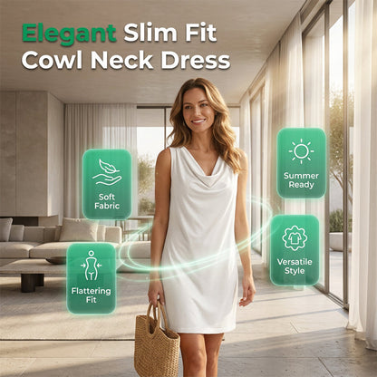 👗 50% RABATT NU! ✨ Elegant Ärmelös Cowl-ringad Klänning – Smal Passform med Dolda Sidfickor 🌸