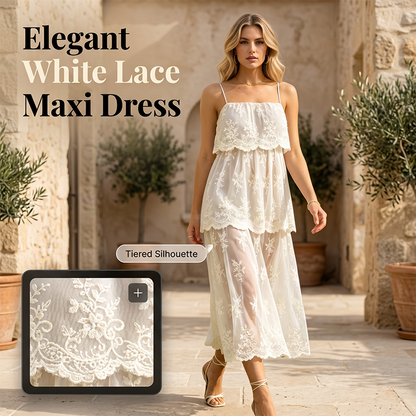 👗 50% RABATT NU! 🌸 Damklänning i Elegant Vit Spets med Smala Band & Maxilängd – Romantisk & Lätt – Perfekt för strand, bröllop eller sommarfester – Delikat och luftig ✨🌿💃