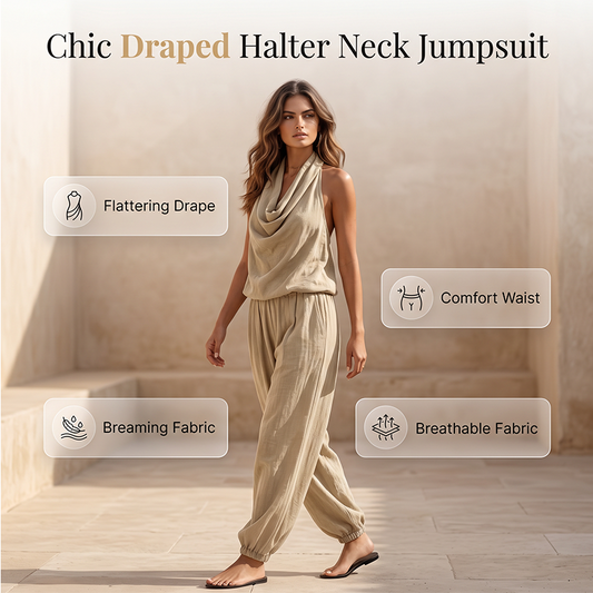 📢 BEGRÄNSAD TID 50% RABATT! 👗 Snygg Draperad Halterneck-Jumpsuit – Andningsbar Vida Ben & Elegant Dag-till-Kväll-Stil ✨