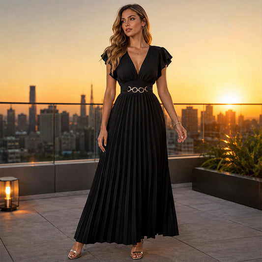 👗 50% RABATT NU! ✨ Dam Elegant V-ringad Plässerad Långklänning – Smickrande plässeringar, lättviktigt tyg & elegant flöde – Perfekt för fester, bröllop & sommarkvällar 🌸